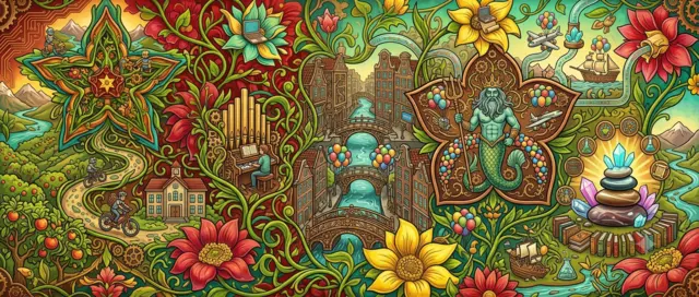 Colourful retro-futuristic illustration showing a journey from rural Betuwe to Amsterdam canals, music, travel, and imagination intertwined with flowers and gears.