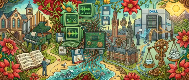 Colourful retro-futuristic illustration blending musicology, early computing, and mentorship — from organ and MIDI to Dell servers and balanced communication.