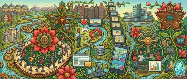 Colourful retro-futuristic illustration showing Rotterdam’s ROC Zadkine, roller-skaters, Amsterdam canals, TomTom navigation, smartphones, and PHP-driven teamwork woven through flowers and gears.