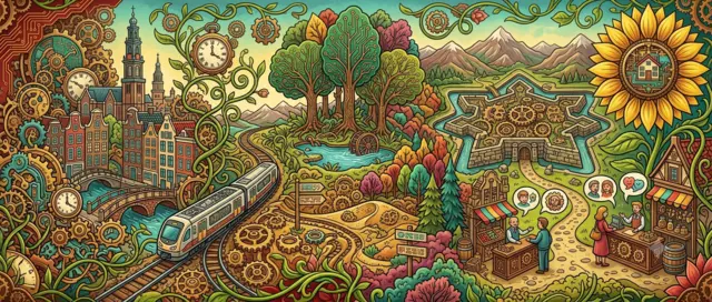 Colourful retro-futuristic illustration of Amsterdam’s canals, a train to Bussum, forests, Naarden’s star fort, and friendly market scenes symbolising calm village life.