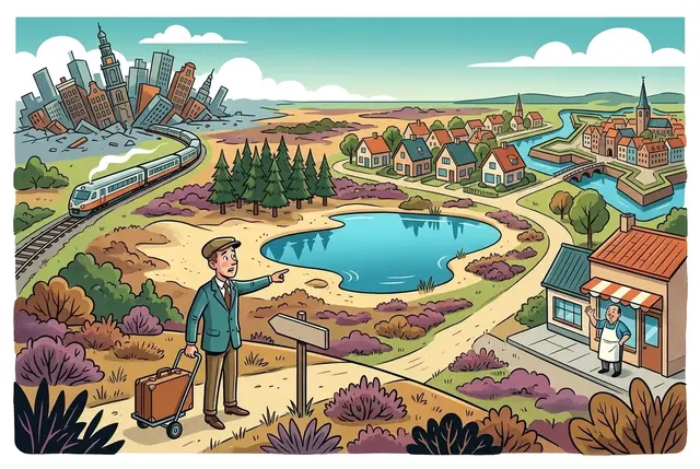 Colourful hand-drawn aerial illustration: a man with a suitcase leaving a crumbling Amsterdam skyline behind, a train curving through pine-dotted heathland past a natural lake and a village toward Naarden’s star-shaped fort, with a shopkeeper waving from his shop.
