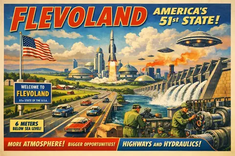 Retro-futuristic poster showing “Flevoland” as America’s 51st state, with highways, a dam, rockets, and flying saucers under a bright sky.