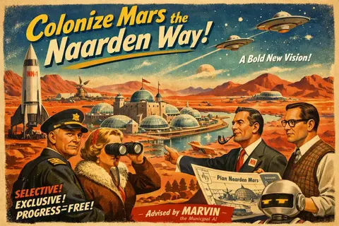 Retro-futuristic poster showing officials planning a Martian colony called “Naarden,” with domed cities, rockets, and flying saucers over a red landscape.