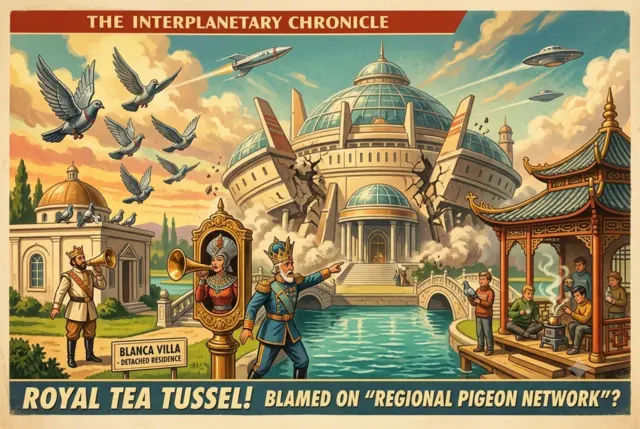 Retro-futurist Interplanetary Chronicle poster headlined "Royal Tea Tussel! Blamed on regional pigeon network?" — crowned royals argue through brass megaphones beside a cracked domed space colony, as pigeons wheel overhead and figures take tea in a pavilion.