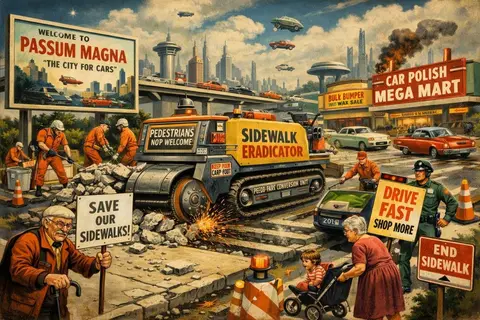 Retro-futuristic city scene showing workers demolishing sidewalks with a “Sidewalk Eradicator” machine, while confused pedestrians look on amid cars, flying vehicles, and billboards promoting car-only living.