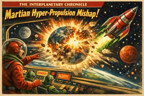 Retro-futuristic magazine cover showing astronauts watching Earth explode as a red rocket escapes into space.