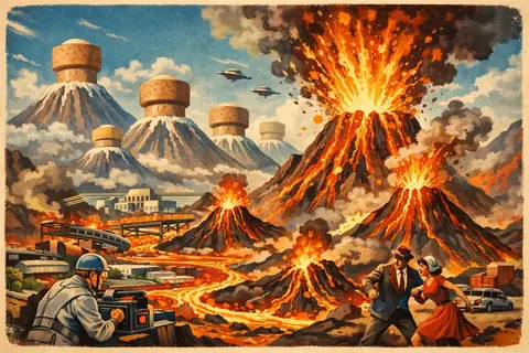 Retro-futuristic disaster scene showing cork-sealed volcanoes forcing new eruptions in the foreground, with lava, flying saucers, and people fleeing the city.