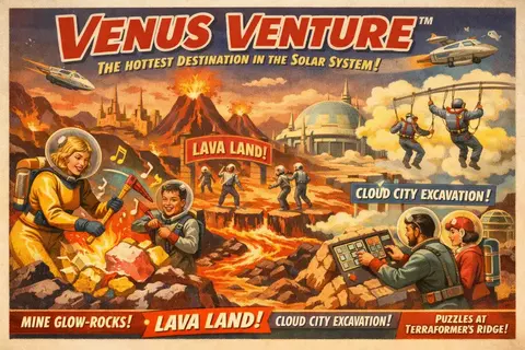 Retro-futuristic poster showing cheerful astronauts mining glowing rocks on Venus, with lava fields, domed cities, and flying craft under a fiery sky.