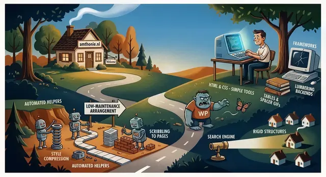 Whimsical cartoon landscape contrasting automated modern web tools with older manual web‑development methods