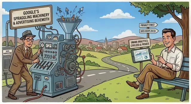 Cartoon comparing a complex data‑harvesting machine with a calm, privacy‑focused analytics setup