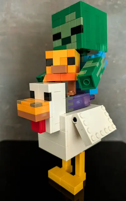 The LEGO Minecraft Chicken Jockey set — the Jockey astride Chicken, with the baby chick riding along on the Jockey's lap