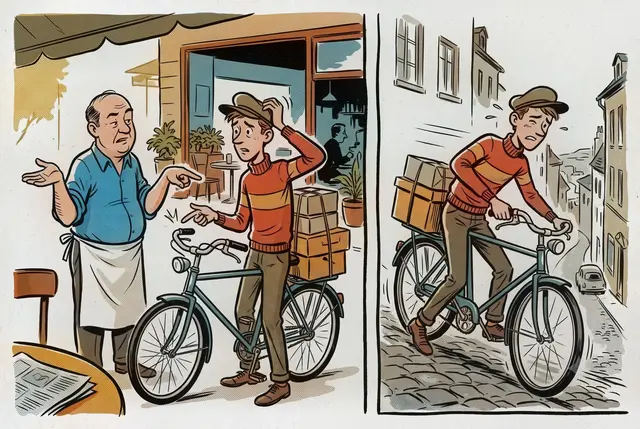 A two-panel comic illustration showing a café owner in an apron dismissively gesturing at a bike handlebar while talking to a young delivery rider, followed by the anxious rider cycling down a steep cobblestone hill.