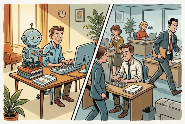 A split-scene retro 1950s style magazine illustration contrasting working with an AI assistant at home versus a busy office environment. On the left, a smiling man sits happily at a bright desk with a friendly retro robot helper standing on a stack of books. On the right, exasperated office workers sigh and walk away from a stressed colleague sitting at his desk.