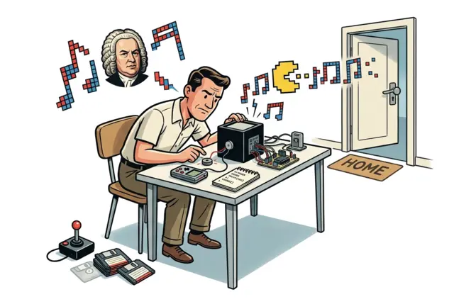 Man at a desk wiring a small buzzer, with pixelated musical notes of Bach and Pac‑Man floating toward an open door marked "Home".
