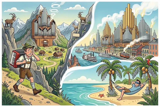 A triptych mid-century magazine illustration showing three surreal organ pipe scenes - Alpine mountains with a massive pipe organ and a hiker, a New Orleans skyline built of brass organ pipes, and a tropical beach where palm fronds are made of gleaming silver pipes.