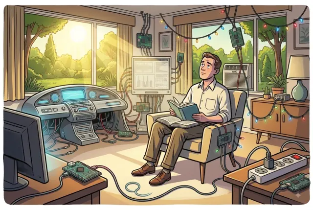 A comic-style illustration of a man sitting in an armchair inside a sunlit room, holding an open book and looking thoughtfully at the ceiling. The living room is cluttered with electronics, dashboard displays, circuit boards, exposed wiring, and hanging lights, contrasting with the bright green outdoor scenery visible through large windows.