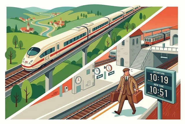 Stylised split illustration showing an ICE train gliding through green valleys above, contrasted with a delayed local train and a tense passenger waiting on the platform below.
