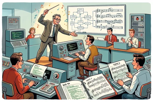 Retro magazine style illustration of a 1950s computer room where a conductor stands on a podium, baton raised, directing programmers at their terminals instead of musicians. Behind him a whiteboard shows a flowchart on the left turning into four staves of music on the right. Open binders on stands in the foreground are labelled VOICE 1, VOICE 2, THEME A and BAR 94. Everyone is working cheerfully and in step, and a small bug sits unnoticed on a server rack at the right.