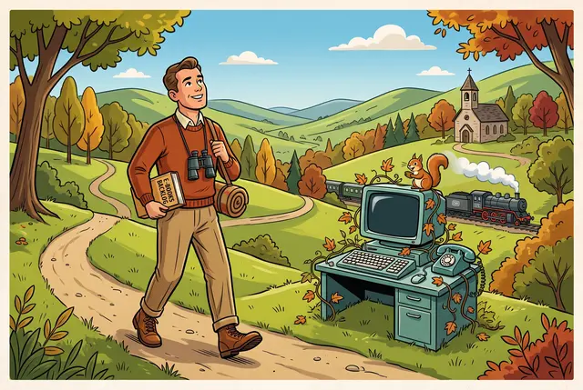 Illustration of a smiling hiker in a rust-coloured sweater, binoculars around his neck and a bedroll on his shoulder, striding along a dirt path through autumn hills with a book labelled E-books Backlog under his arm. Beside the path an old desktop computer and rotary phone sit on a vine-covered desk with a squirrel perched on the monitor, while a steam train marked DB passes below a small hilltop church.