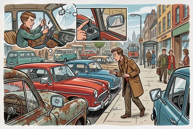 Comic-style illustration of a street lined with parked vintage cars. A man in a long brown coat and scarf leans in to peer at a car's side mirror, while a rusty car in the foreground has a cracked chrome mirror on a stalk. Two thought bubbles show his memories: a young man in an old car fiddling with the controls, and a finger pushing a small joystick on the door that tilts the mirror towards the pavement. A bus stop with waiting people is in the background.
