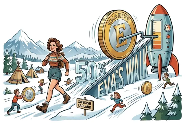 A comic-style illustration showing a woman walking through a snowy landscape with mountains and tents, alongside a ramp labeled "50% Eva's Walk" where giant euro-like coins are being loaded into a rocket.