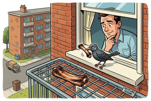 A comic-style illustration of a man looking out an open window at a dark bird perched on the sill carrying a bone. Below the windowsill, a charred rib bone rests on a metal grille, with apartment buildings and a street in the background.