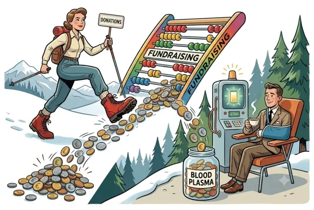A comic-style illustration featuring a woman hiking through a snowy pine forest next to a large abacus spilling coins, while a man in a suit sits in a chair nearby drinking hot tea hooked up to a plasma donation machine.