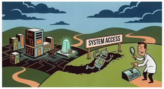 Illustration of a robot emerging from a data‑centre tunnel toward a ‘System Access’ terminal while a technician operates a control lever
