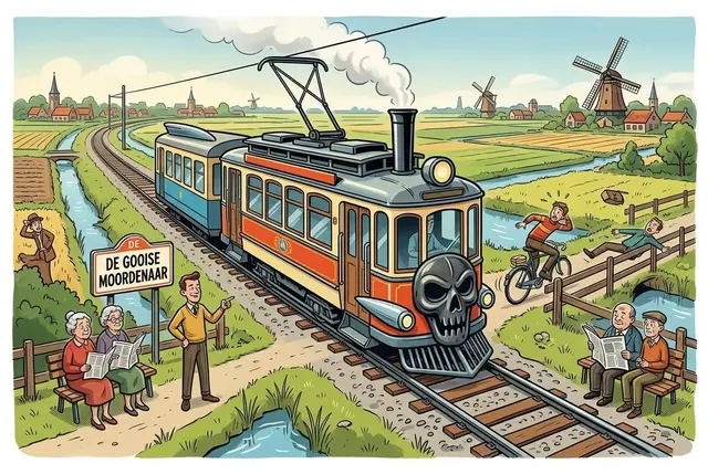 Cartoon of the old Gooi tram with a skull-shaped front, scattering cyclists along the polder track