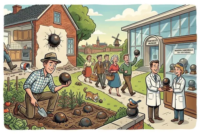 Cartoon of a gardener digging up cannonballs beside the Fortress Museum, where two curators admire another one