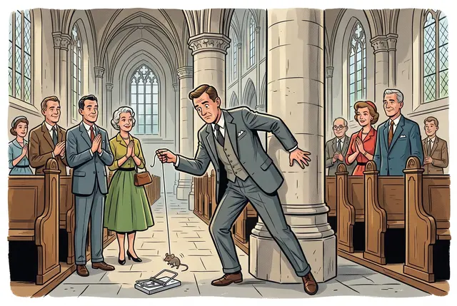Cartoon of a man tiptoeing a trapped mouse out of the Grote Kerk while the congregation applauds