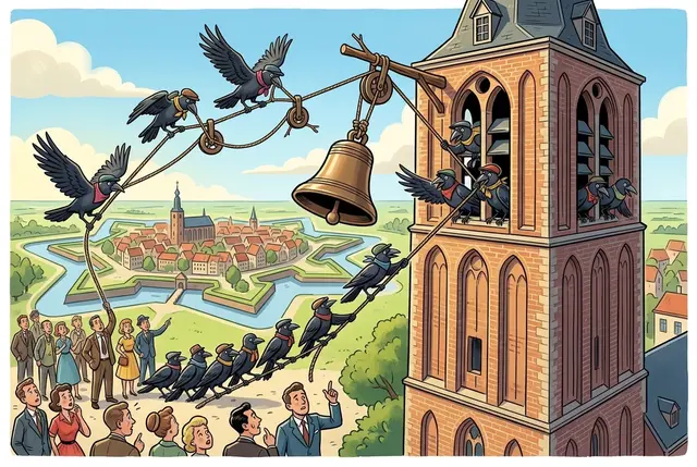 Cartoon of crows in hats hauling a church bell up the tower of the Grote Kerk while townspeople watch, the star-shaped fortress laid out behind them