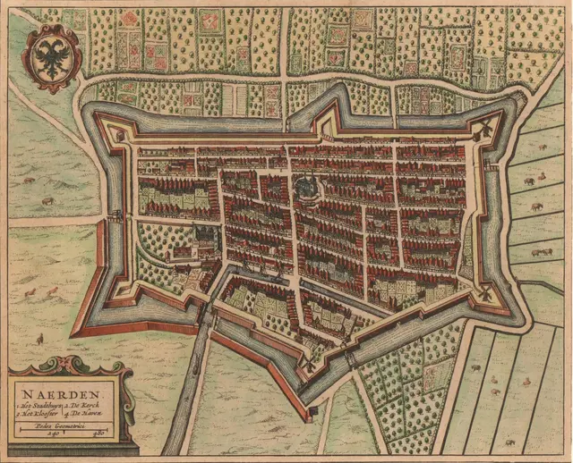 Historic hand-coloured map of the Naarden fortress and its bastions, around 1650
